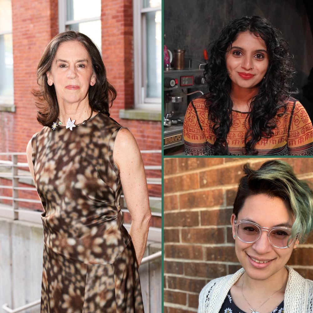 Connie Butler (left), Rena Patel (top right), and Shalina Omar (bottom right), three alums smiling at the camera for posed professional headshots