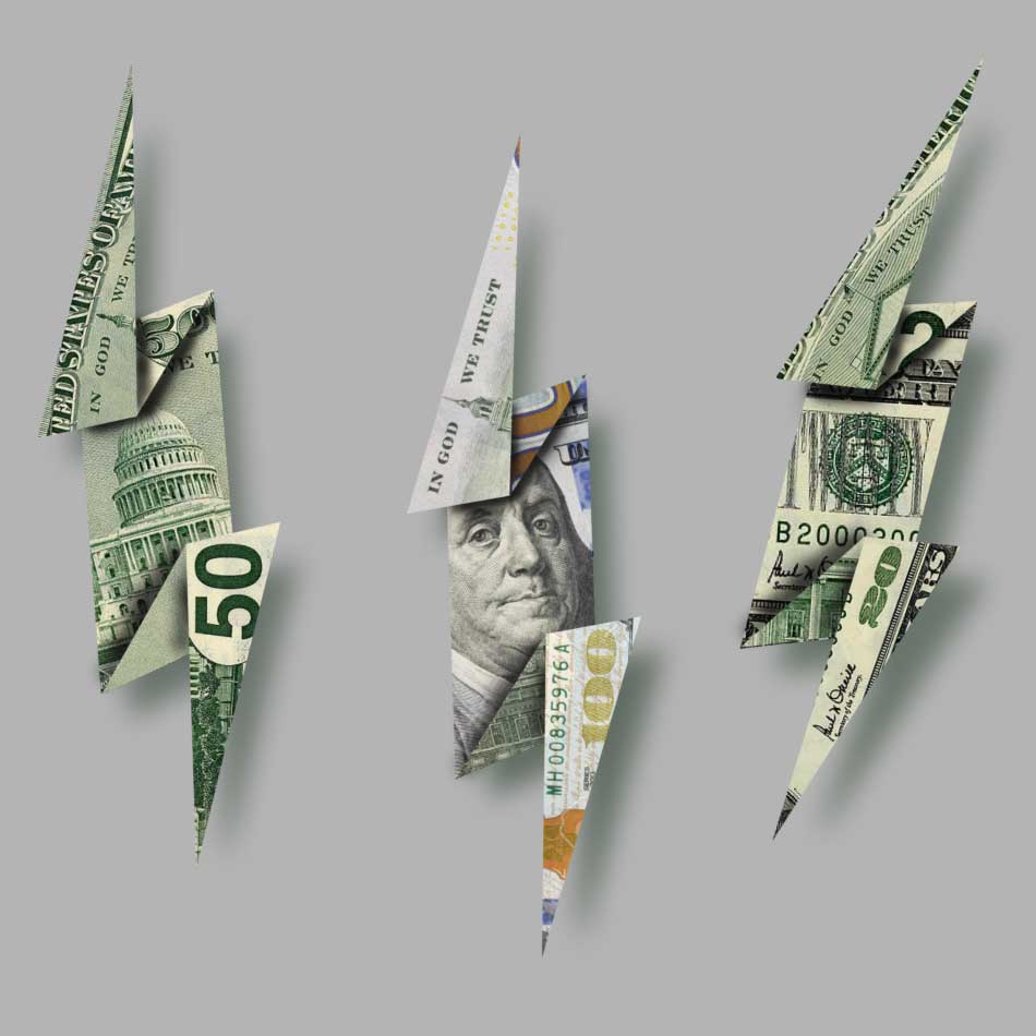 Folded currency forms the shape of lightning bolts