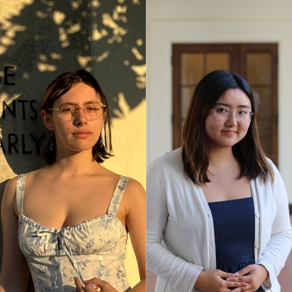 Tomi Jinks, a white individual in their early 20s, and Madyson Chung-Lee, an asian woman in her early twenties, pose for portraits at Scripps College